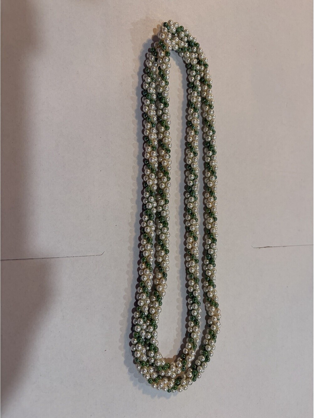 Vintage Necklace Green And White  Beaded Rope Twisted 44”